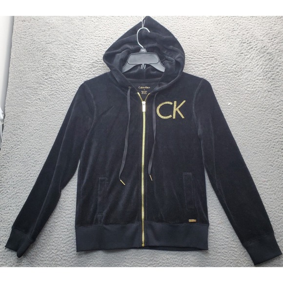 Calvin Klein Zip Up Hoodie Womens S Black Long Sleeve Drawstring Goldtone Zipped - Picture 1 of 9